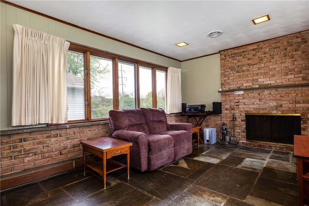 Fireplace, Interior, Recessed Lighting, Stone Walls