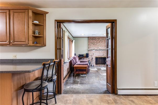 Fireplace, Interior, Recessed Lighting, Stone Walls