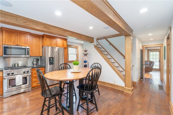 Interior, Kitchen, Recessed Lighting, Stainless Steel Appliances, Wooden Beams, Wood Texture Flooring