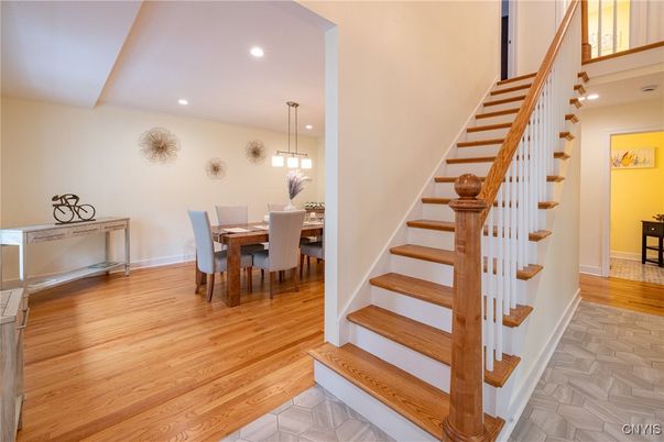 Dining room, Interior, Pendant Lights, Recessed Lighting, Wood Texture Flooring