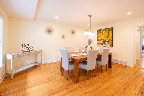 Dining room, Interior, Pendant Lights, Recessed Lighting, Wood Texture Flooring