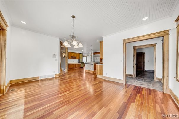Chandelier, Empty room, Interior, Kitchen, Pendant Lights, Recessed Lighting, Wood Texture Flooring