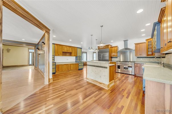 Interior, Kitchen, Pendant Lights, Recessed Lighting, Stainless Steel Appliances, Wood Texture Flooring