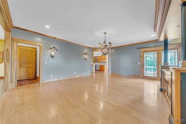 Chandelier, Empty room, Interior, Kitchen, Recessed Lighting, Wood Texture Flooring