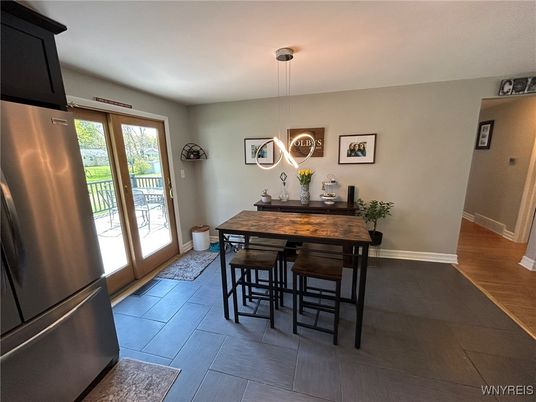 Dining room, Interior, Pendant Lights, Wood Texture Flooring