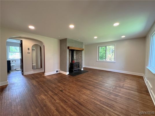 Empty room, Fireplace, Interior, Recessed Lighting, Wood Texture Flooring