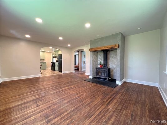 Fireplace, Interior, Recessed Lighting, Wood Texture Flooring