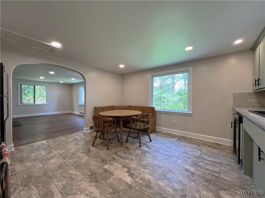 Dining room, Interior, Recessed Lighting, Wood Texture Flooring