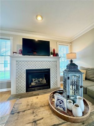 Fireplace, Interior, Living room, Recessed Lighting, Wood Texture Flooring