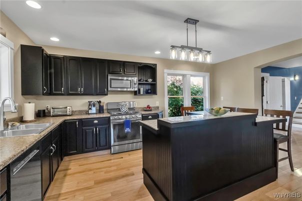 Interior, Kitchen, Pendant Lights, Recessed Lighting, Stainless Steel Appliances, Wood Texture Flooring