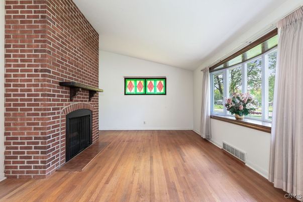 Empty room, Fireplace, Interior, Stone Walls, Wood Texture Flooring