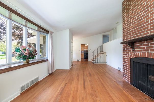 Empty room, Fireplace, Interior, Stone Walls, Wood Texture Flooring