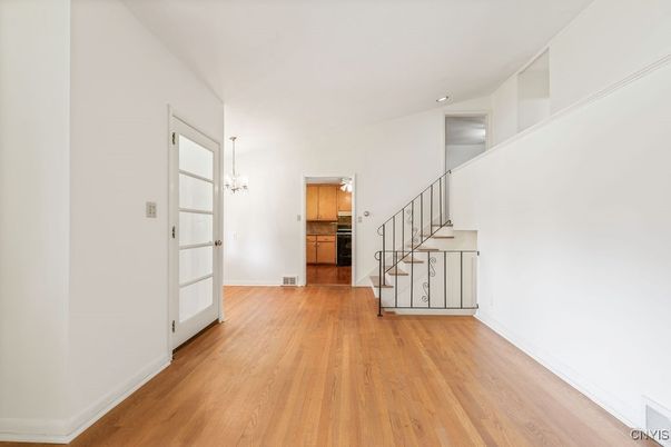 Chandelier, Empty room, Interior, Recessed Lighting, Wood Texture Flooring