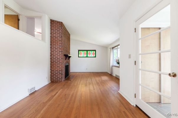 Empty room, Fireplace, Interior, Stone Walls, Wood Texture Flooring
