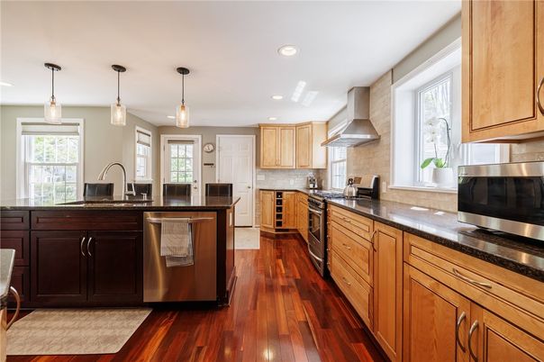 Interior, Kitchen, Pendant Lights, Recessed Lighting, Stainless Steel Appliances, Wood Texture Flooring