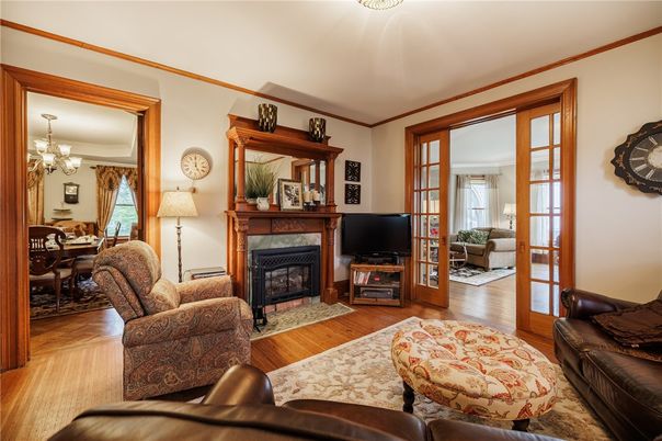 Chandelier, Dining room, Fireplace, Interior, Living room, Wood Texture Flooring