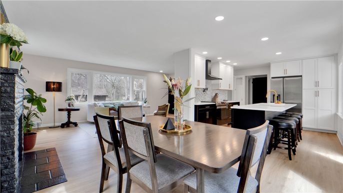 Dining room, Interior, Kitchen, Recessed Lighting, Stainless Steel Appliances, Wood Texture Flooring