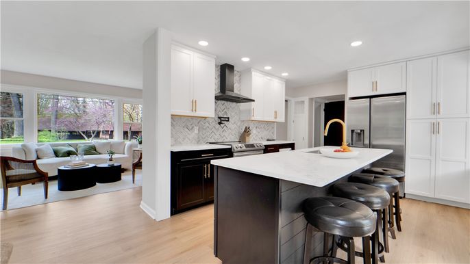 Interior, Kitchen, Living room, Recessed Lighting, Stainless Steel Appliances, Wood Texture Flooring