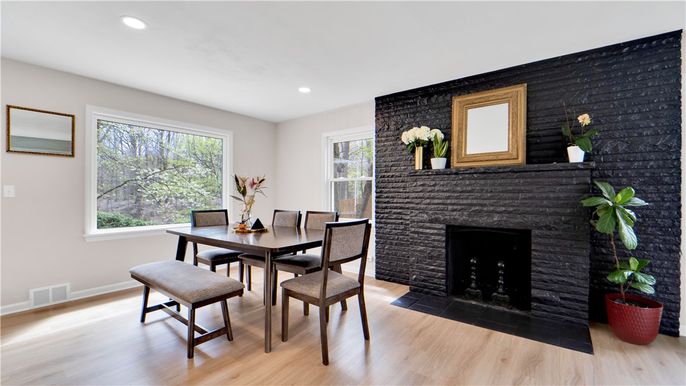 Dining room, Fireplace, Interior, Recessed Lighting, Wood Texture Flooring
