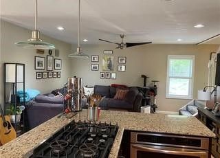 Fireplace, Interior, Kitchen, Living room, Pendant Lights, Recessed Lighting