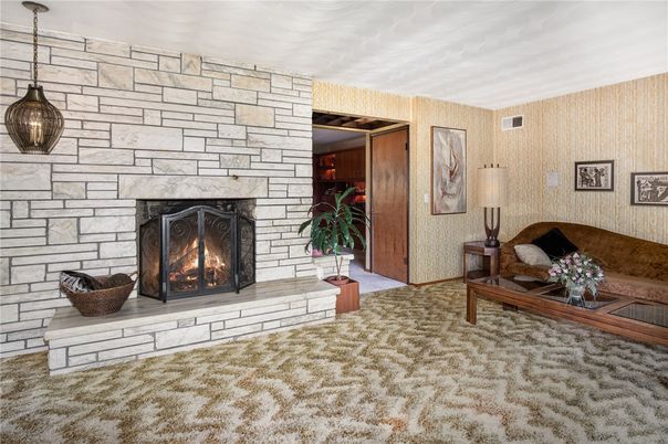 Fireplace, Interior, Pendant Lights, Stone Walls