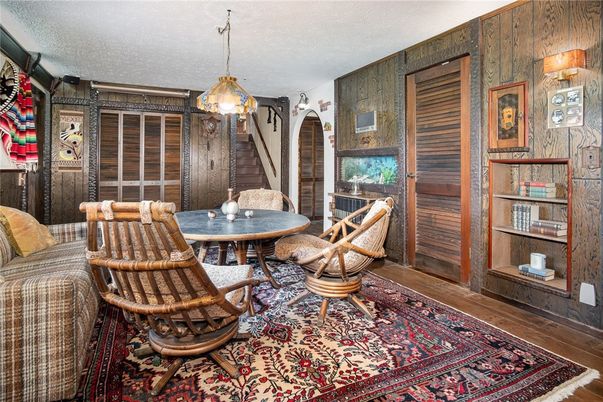Dining room, Interior, Pendant Lights, Wood Texture Flooring, Wooden Walls