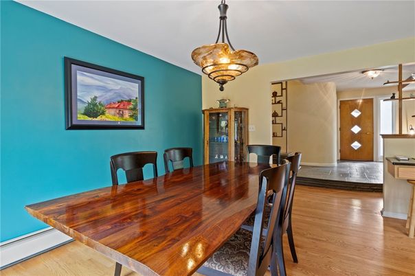 Dining room, Interior, Pendant Lights, Wood Texture Flooring