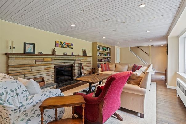 Fireplace, Interior, Living room, Recessed Lighting, Wood Texture Flooring