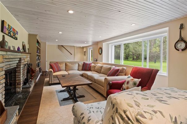 Fireplace, Interior, Living room, Recessed Lighting, Wooden Ceilings, Wood Texture Flooring