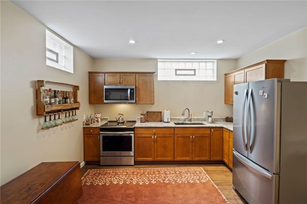 Interior, Kitchen, Recessed Lighting, Stainless Steel Appliances, Wood Texture Flooring