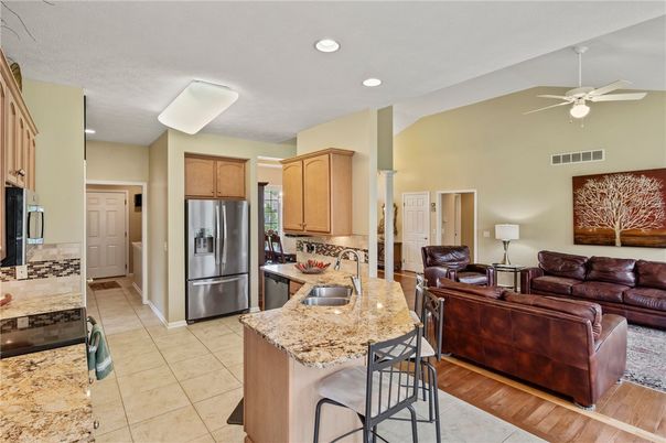 Interior, Kitchen, Living room, Recessed Lighting, Stainless Steel Appliances, Wood Texture Flooring