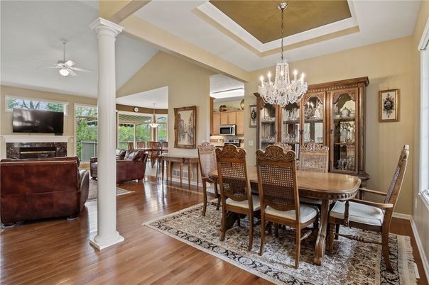 Chandelier, Dining room, Fireplace, Interior, Living room, Wood Texture Flooring