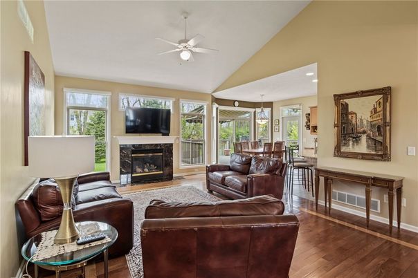 Dining room, Fireplace, Interior, Living room, Recessed Lighting, Wood Texture Flooring
