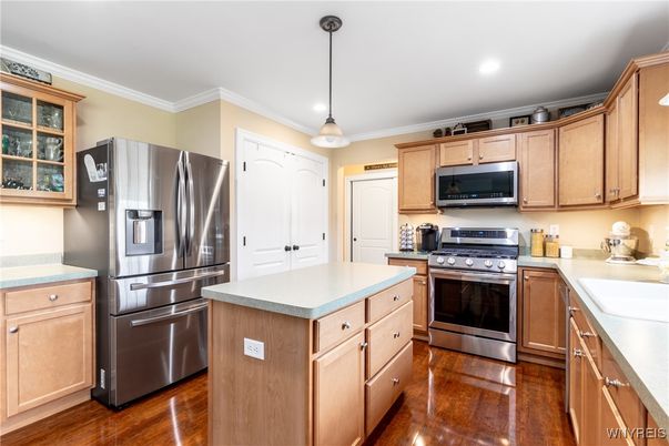 Interior, Kitchen, Pendant Lights, Recessed Lighting, Stainless Steel Appliances, Wood Texture Flooring