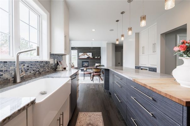 Dining room, Fireplace, Interior, Kitchen, Pendant Lights, Recessed Lighting, Wood Texture Flooring