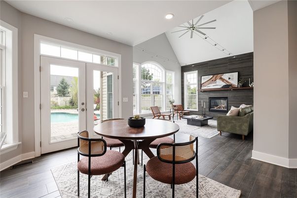 Dining room, Fireplace, Interior, Living room, Recessed Lighting, Wood Texture Flooring