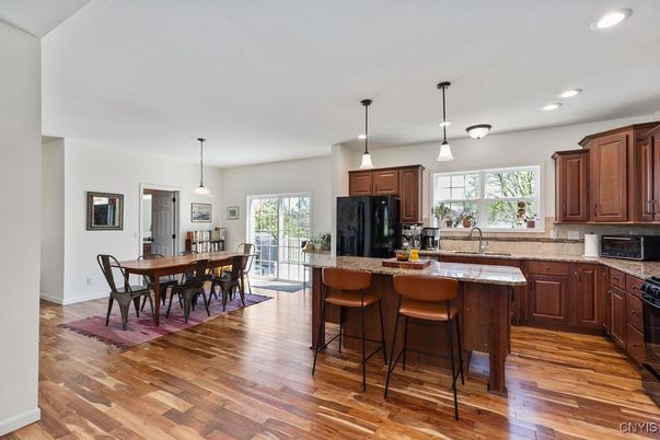 Dining room, Interior, Kitchen, Pendant Lights, Recessed Lighting, Wood Texture Flooring
