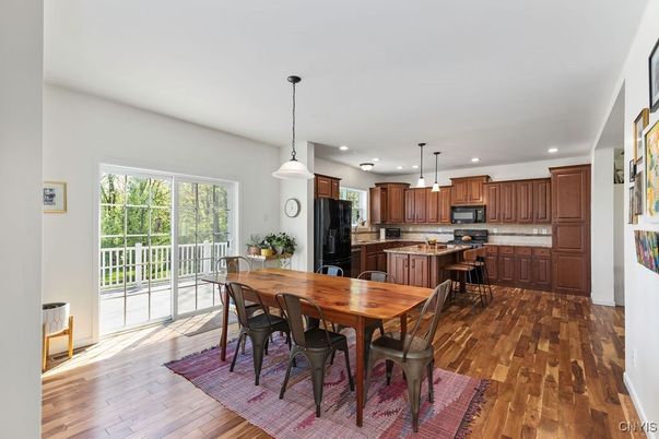 Dining room, Interior, Kitchen, Pendant Lights, Recessed Lighting, Wood Texture Flooring