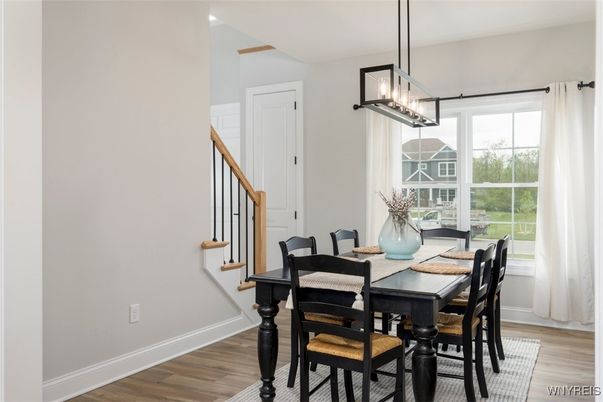 Dining room, Interior, Pendant Lights, Wood Texture Flooring