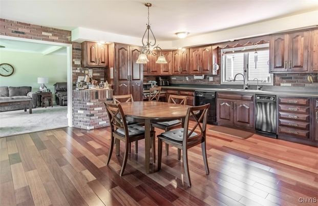 Dining room, Interior, Kitchen, Pendant Lights, Stainless Steel Appliances, Wood Texture Flooring
