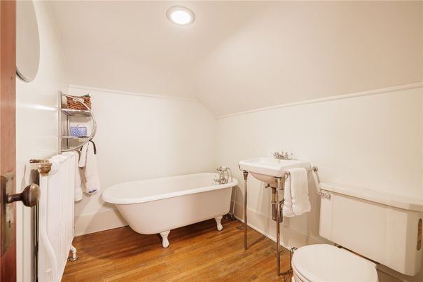 Bathroom, Free Standing Baths, Interior, Recessed Lighting, Wood Texture Flooring