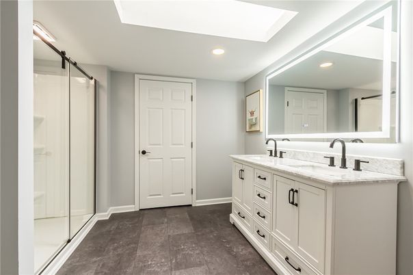 Bathroom, Dual Sink Vanities, Glass Shower, Interior, Recessed Lighting