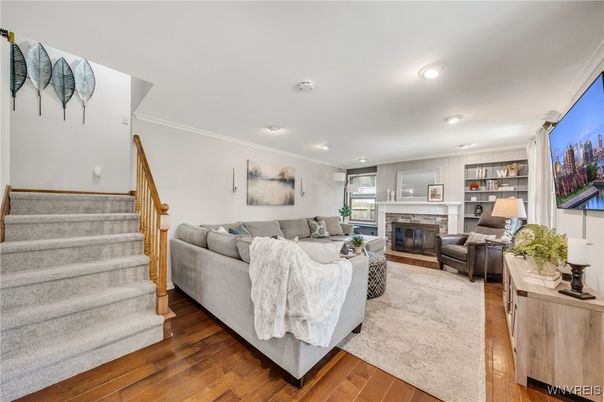 Fireplace, Interior, Living room, Recessed Lighting, Wood Texture Flooring