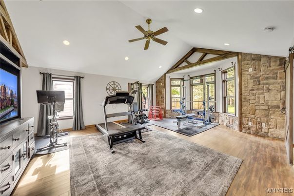Fitness Equipment, Interior, Recessed Lighting, Stone Walls, Wood Texture Flooring