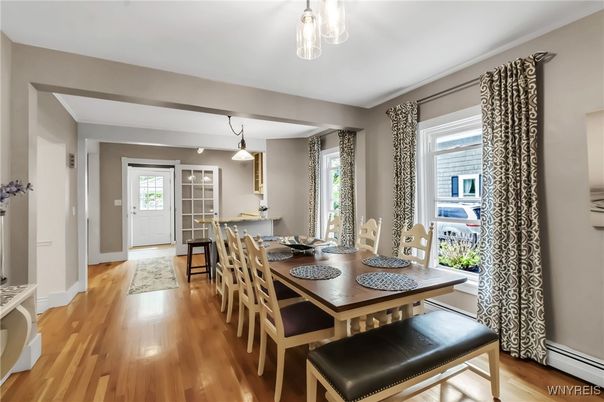 Dining room, Interior, Pendant Lights, Wood Texture Flooring