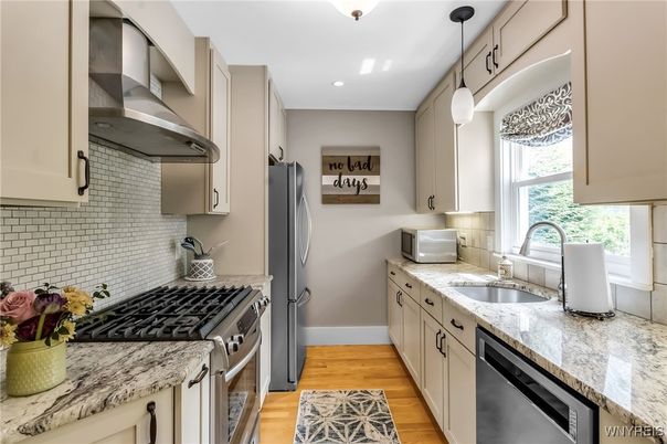 Interior, Kitchen, Pendant Lights, Recessed Lighting, Stainless Steel Appliances, Wood Texture Flooring
