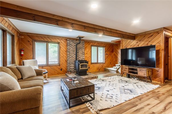 Fireplace, Interior, Living room, Recessed Lighting, Stone Walls, Wooden Beams, Wood Texture Flooring, Wooden Walls