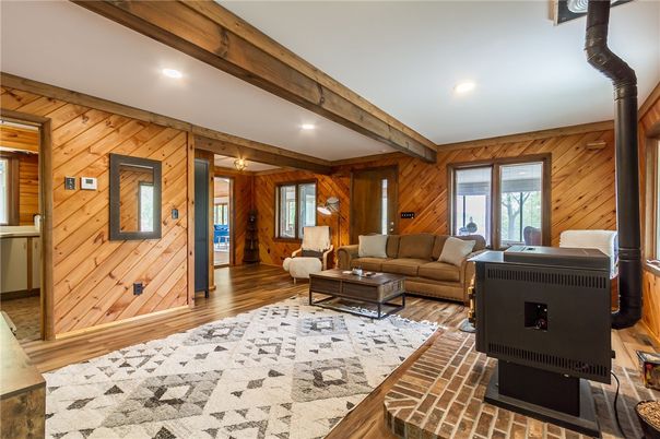 Interior, Living room, Recessed Lighting, Wood Texture Flooring, Wooden Walls