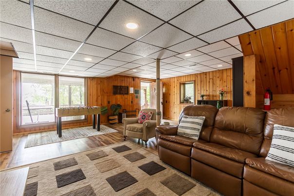 Interior, Living room, Recessed Lighting, Wood Texture Flooring, Wooden Walls
