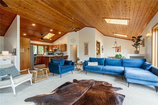 Dining room, Interior, Kitchen, Living room, Pendant Lights, Recessed Lighting, Stainless Steel Appliances, Wooden Ceilings